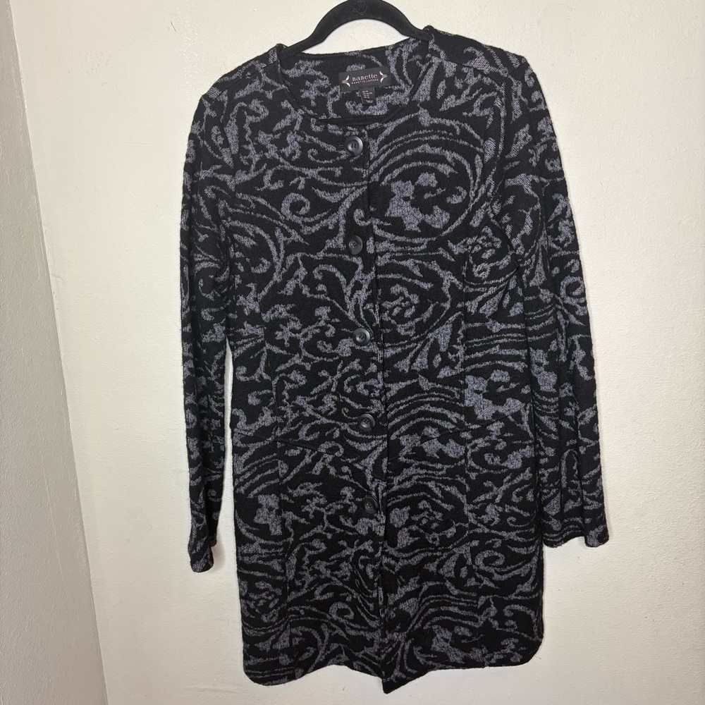 Nanette Lepore Black and Light Gray Floral Jacquard Sweater XL